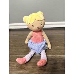 Demdaco Plush Doll Blonde Girl Pink Blue Polka Dot Dress‎ Striped Leggings